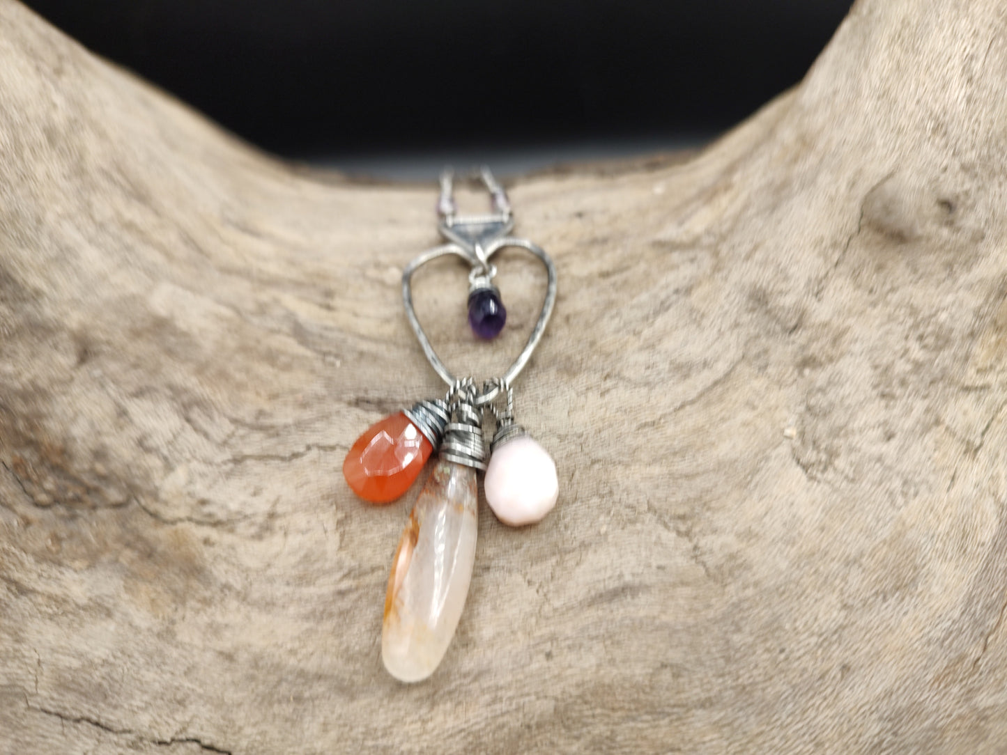 colorful Heart - Silver Heart and wire wrapped gemstones Necklace