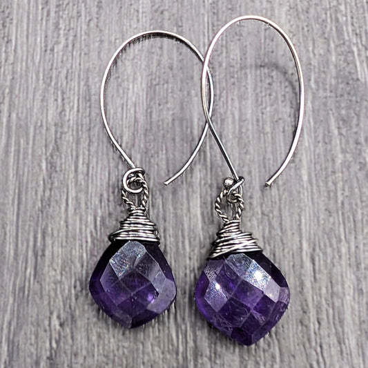 Simple Purple Amethyst earrings gift for her wire wrapped in sterling silver