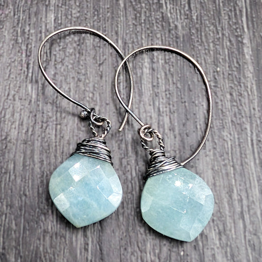 Simple Aqua Amazonite earrings gift for her wire wrapped in sterling silver